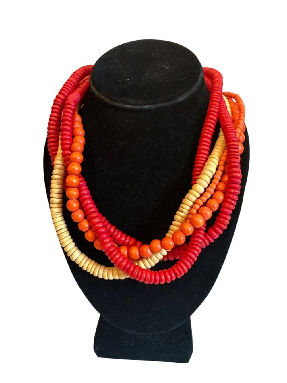 Multicolor Wooden Beaded Necklace Twist Strands Red Orange Boho Chunky Statement